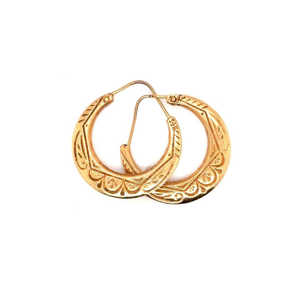 14k Yellow Gold Etched Scroll Hoop Earrings 1.5g Latch Back Vintage Style
